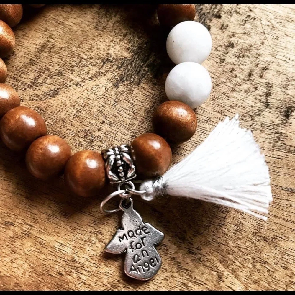 Wood and moonstone angel charm bracelet